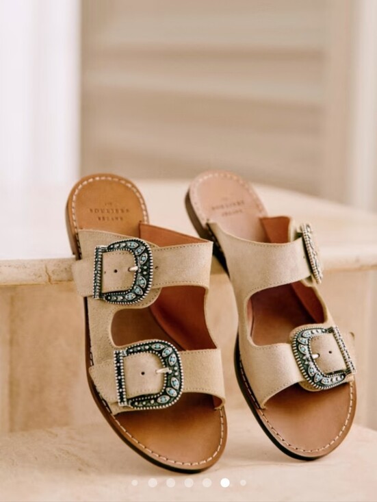 Sezane Shoes - Sezane Jade Low Mules Tan Suede Slide Sandals with Silver Turquoise Buckles - 37